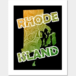 Colorful mandala art map of Rhode Island with text in green and orange Posters and Art